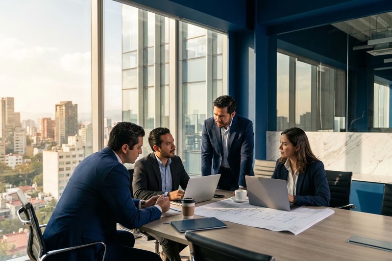 Equipo de trabajo en oficina revisando beneficios corporativos